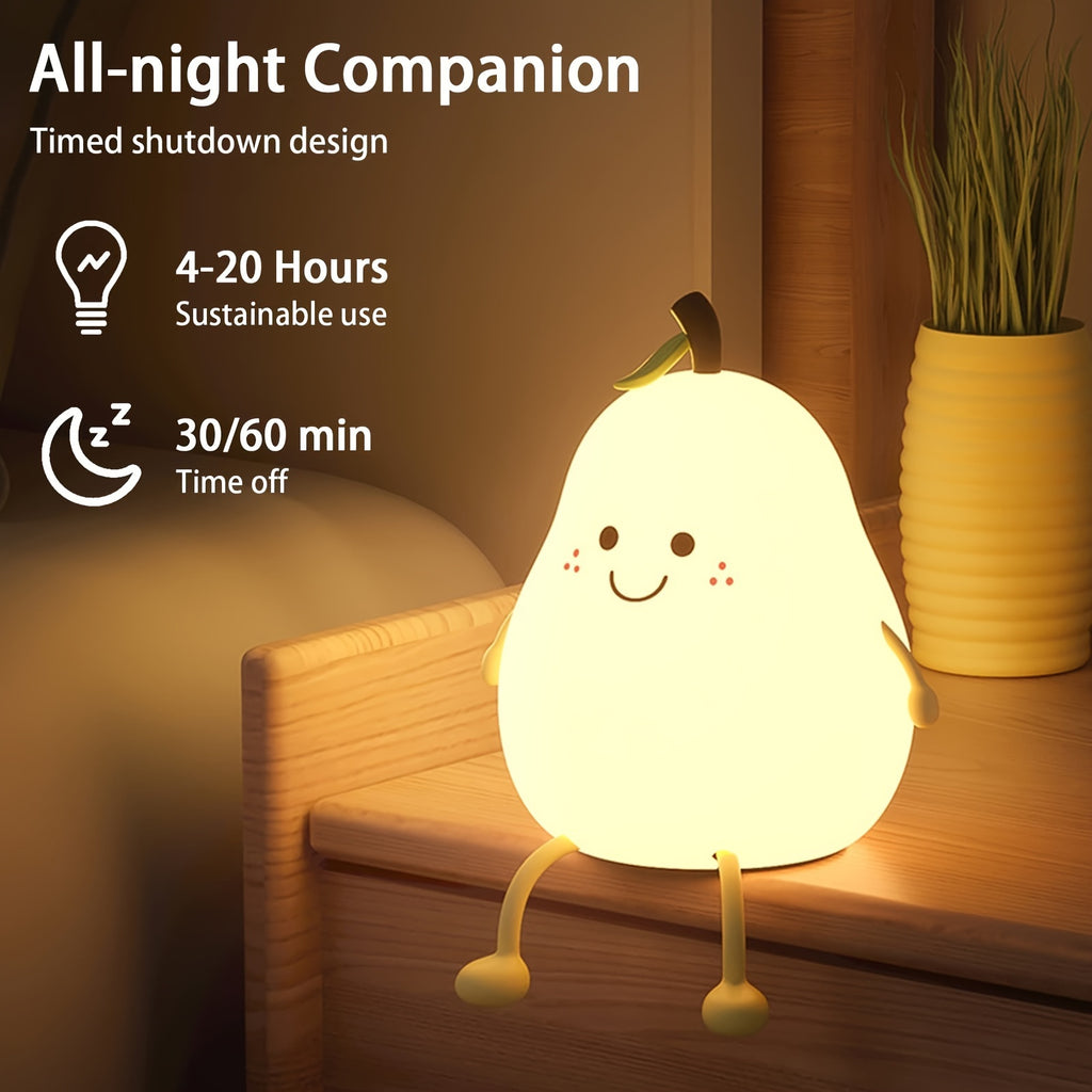 Cute Smiling Pear-Shaped LED Night Light - Touch Control, USB Rechargeable, Adjustable Brightness Silicone Bedside Lamp for Cozy Bedroom Atmosphere, Lithium Battery, Modern Design, Perfect for Nighttime Use, Night Light for Bedroo