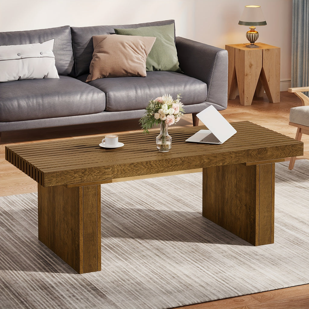 Table à café rectangulaire : Table à café moderne en bois de 47.24 pouces Table à cocktail pour salon, Table à café de ferme Table au centre Table à thé avec dessus de table en planches, Brun rustique