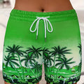 Women'S Casual Drawstring Shorts with Pockets, Tropical Palm Tree and Sailboat Print, Comfortable Leisure Vacation Fashion, Polyester Blend Knit Fabric, Spring\u002FSummer\u002FFall Season