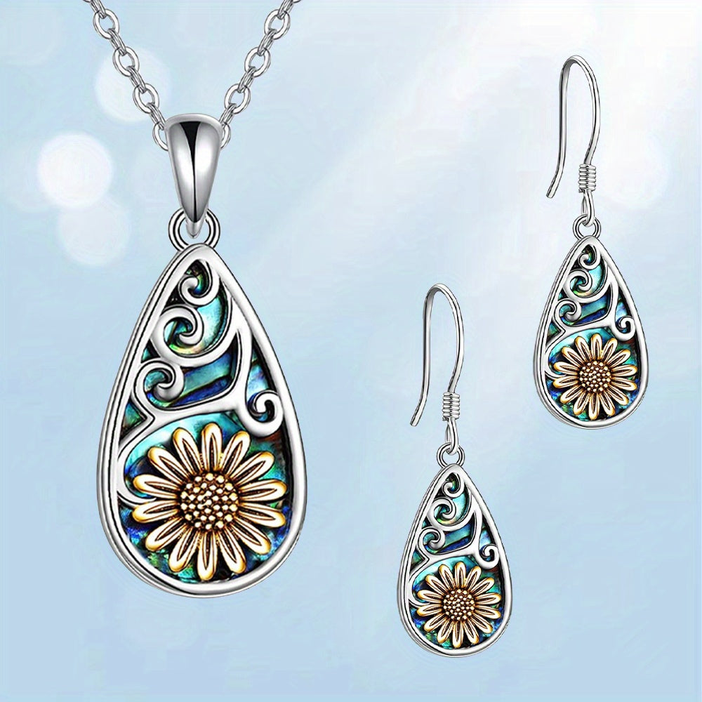 3pcs, Sunflower Water Drop Earrings Necklace Set, Trendy Party Jewelry, Christmas Gift, New Year's Gift, Valentine's Day Gift For Women Mom Girlfriend Family Friends