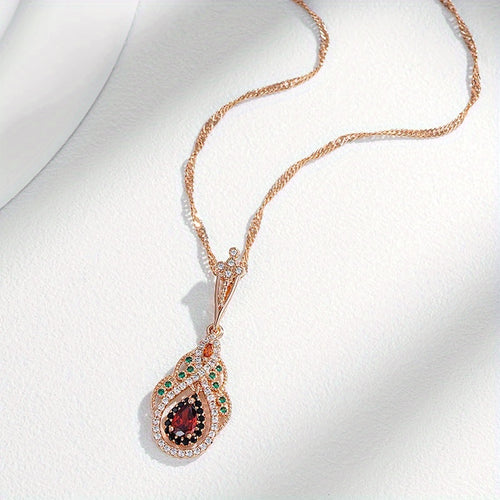1pc Golden Color Love Heart Flower Pendant Necklace for Women Teardrop Cut Red Stone Accessories Vintage Jewelry for pretend play, Perfect for Winter, New Year