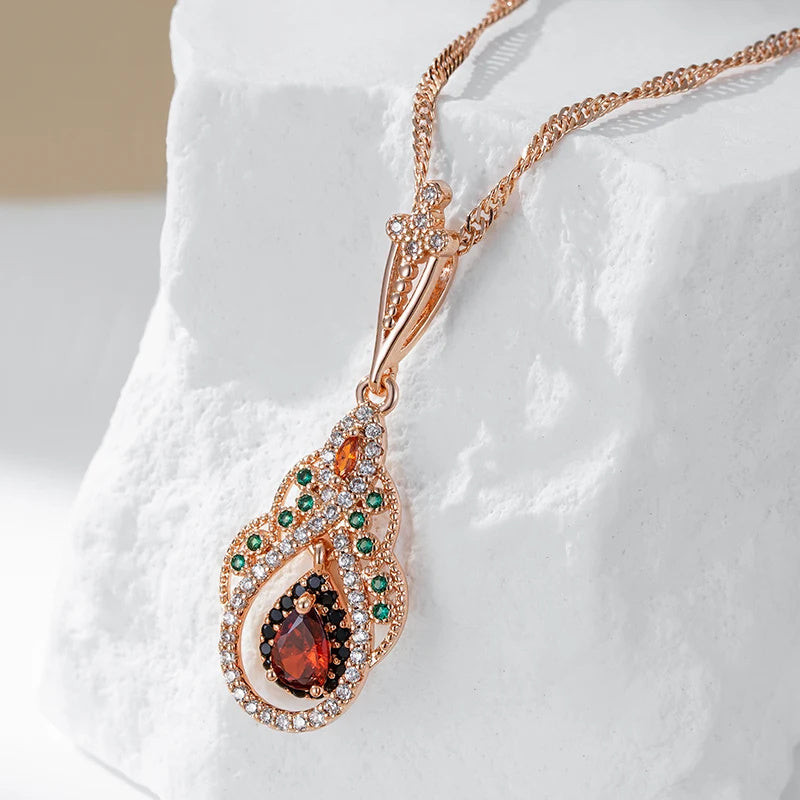 1pc Golden Color Love Heart Flower Pendant Necklace for Women Teardrop Cut Red Stone Accessories Vintage Jewelry for pretend play, Perfect for Winter, New Year