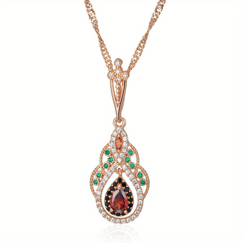 1pc Golden Color Love Heart Flower Pendant Necklace for Women Teardrop Cut Red Stone Accessories Vintage Jewelry for pretend play, Perfect for Winter, New Year