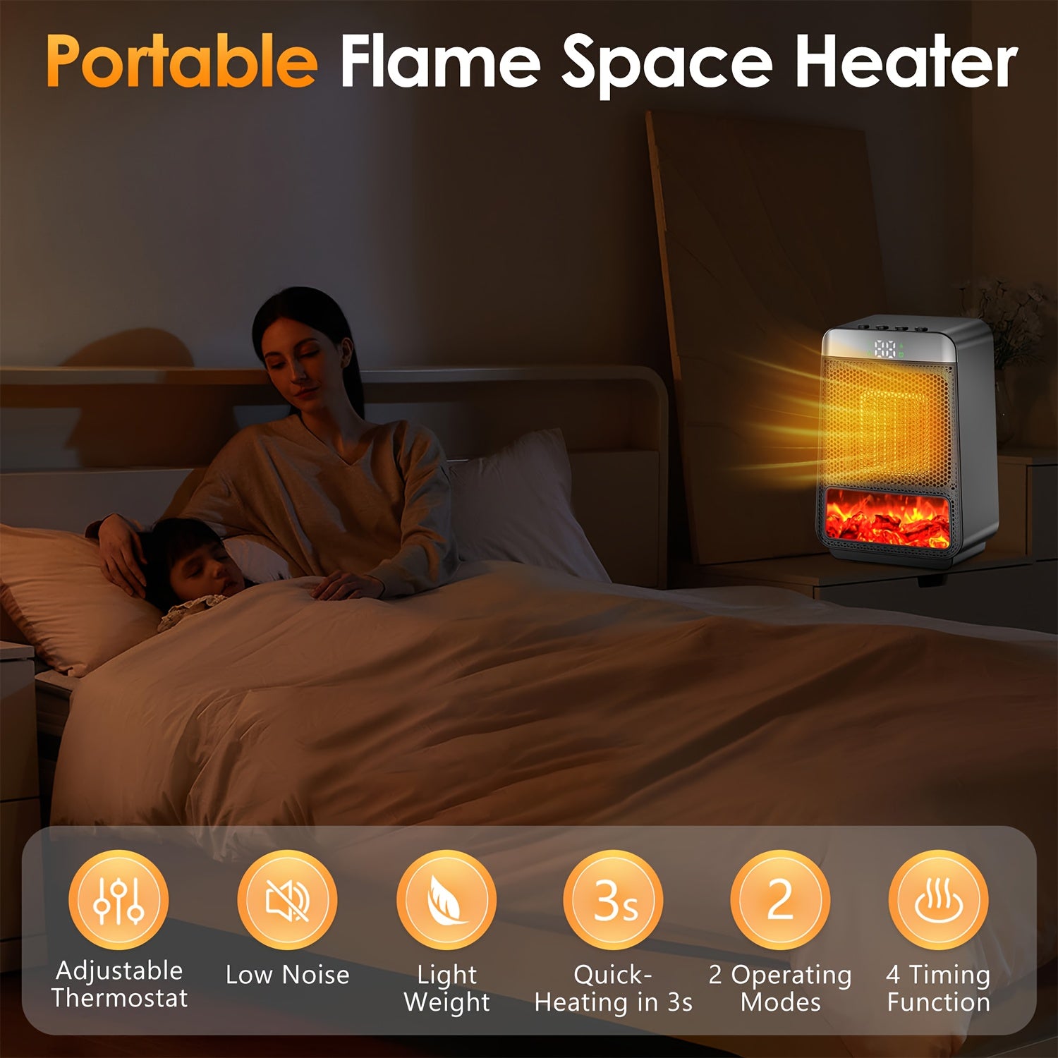Electric Fireplace Heater for Indoor Use, 1500W Space Heater Fireplace with 3D LED Flame, Double Safety Protection, Portable Fireplace Heater for Home Office Christmas Decoration
