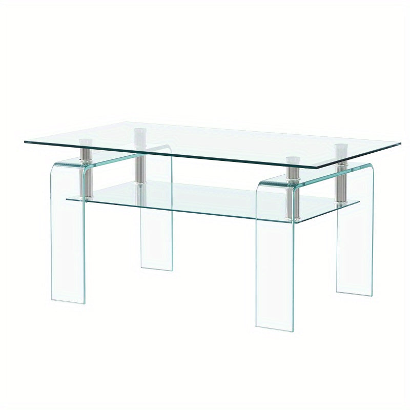 Table à café en verre transparente, table à café moderne en verre pour le salon, table à café de stockage à 2 niveaux, table à thé en verre trempé, sans batterie
