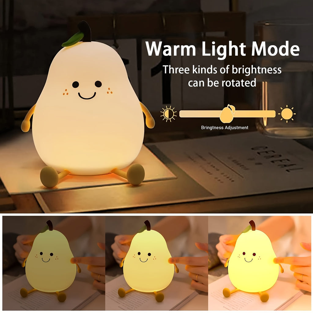 Cute Smiling Pear-Shaped LED Night Light - Touch Control, USB Rechargeable, Adjustable Brightness Silicone Bedside Lamp for Cozy Bedroom Atmosphere, Lithium Battery, Modern Design, Perfect for Nighttime Use, Night Light for Bedroo