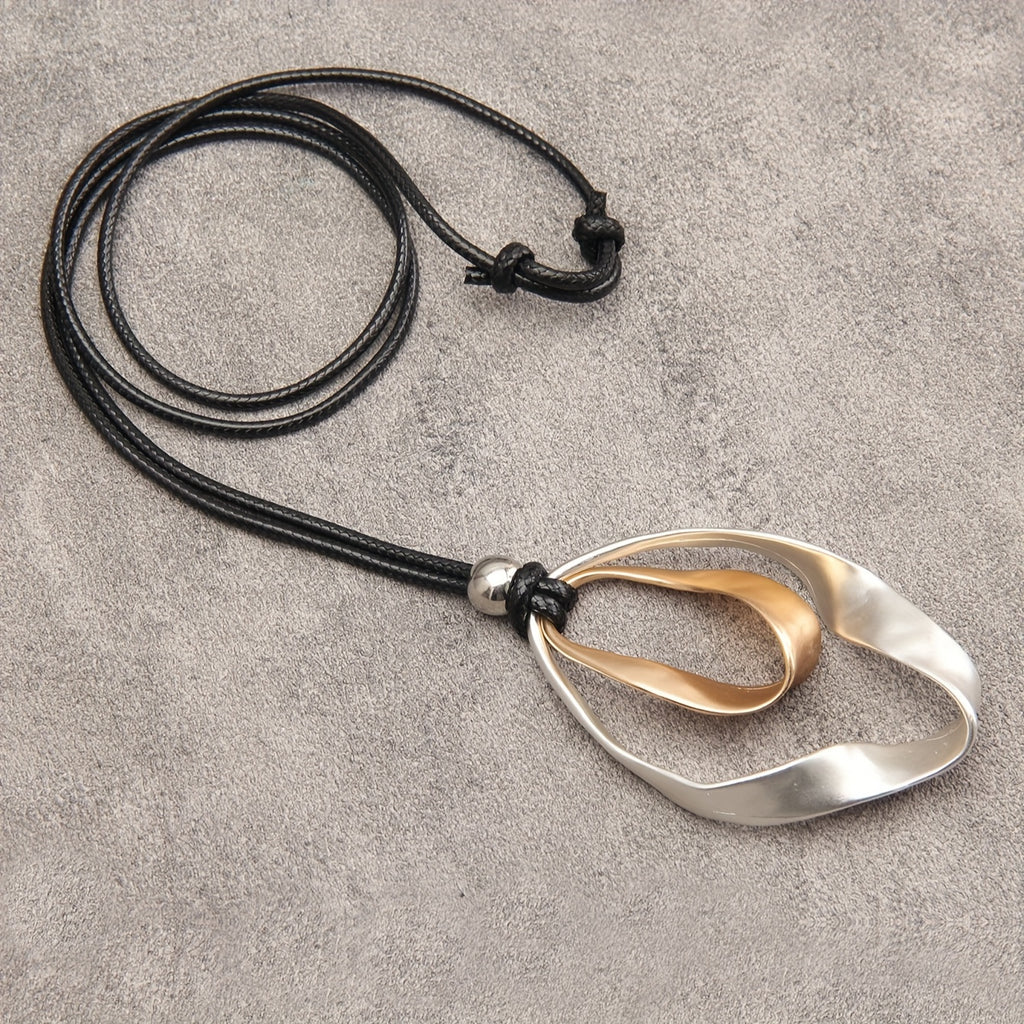 Elegant Twisted Texture Water Drop Pendant Necklace in Golden and Silvery with Black Rope, Zinc Alloy, Perfect Gift for Girlfriend, Suitable for Daily Wear and Special Occasions, Necklace
