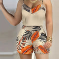 Women'S Tropical Print Two-Piece Casual Spring\u002FSummer Outfit - Sleeveless Strapless Top & High-Waisted Shorts, Vibrant Green & Black Leaf Design, Stylish Cut, Allseason Wear|Tropical Print Design|Stylish Cutout, Tropical Print Shorts