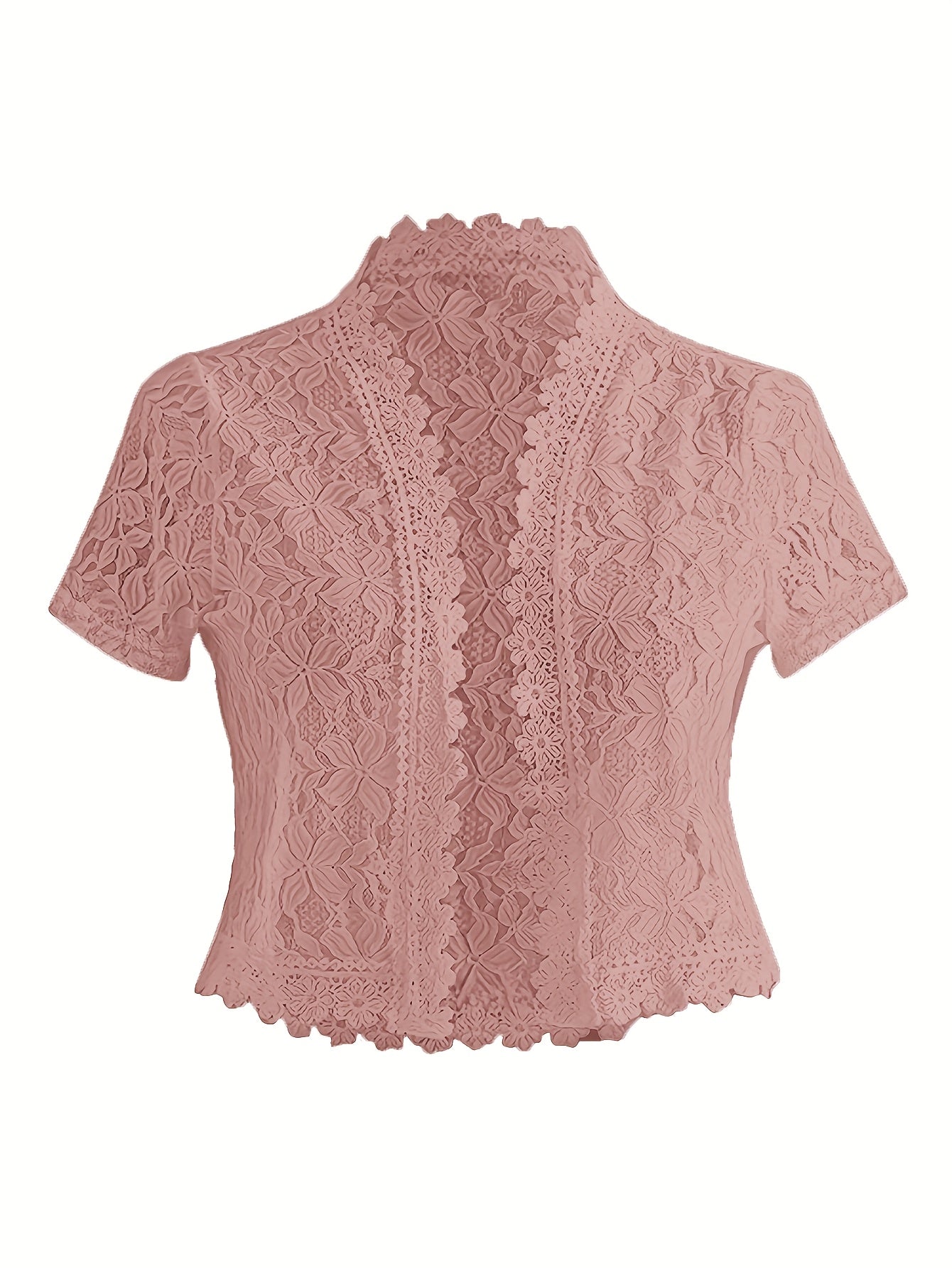 Elegant White Lace Contrast Cardigan - Short Sleeve, Stand Collar, Open Front Jacket for Women | Perfect for Spring\u002FSummer Parties & Casual Wear, Party Wear Cardigan | Lace Detailing | Constructio