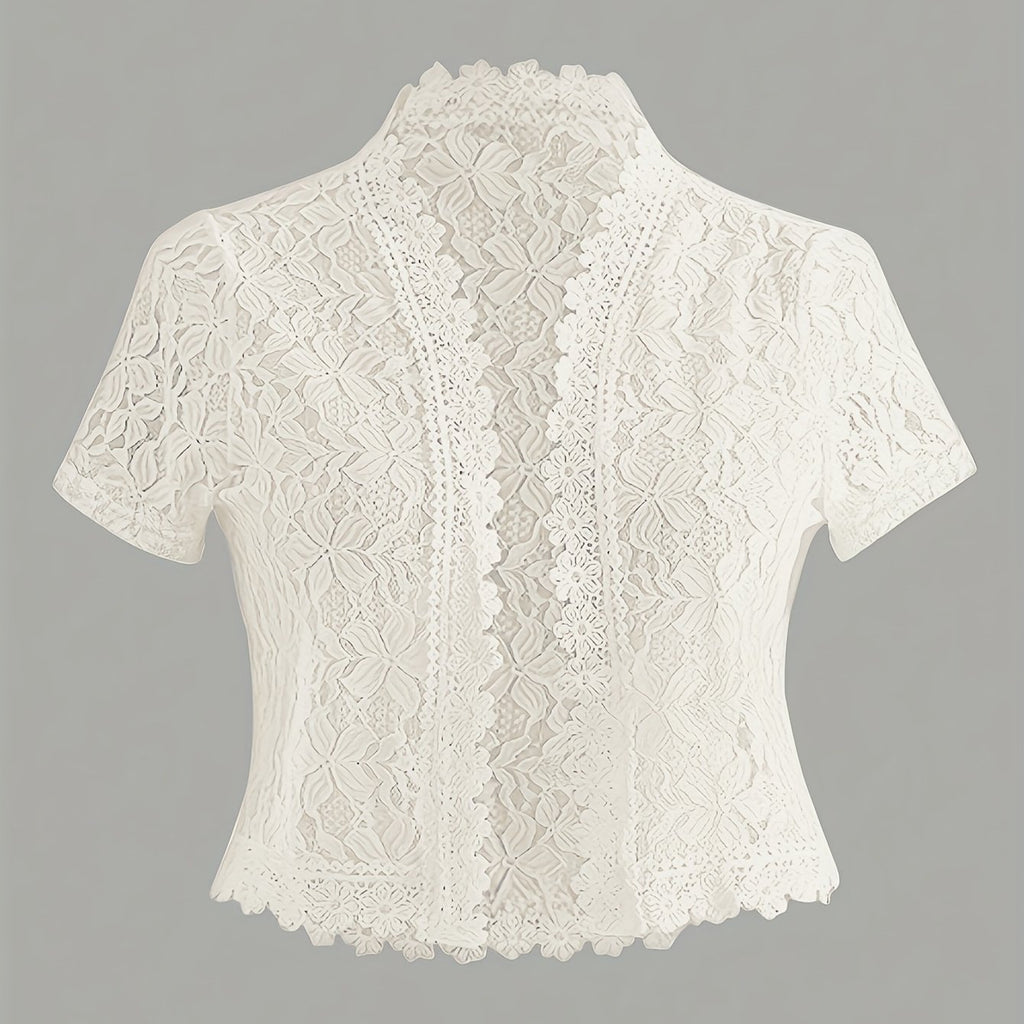 Summer Solid Color Lace Patchwork Casual Open Front Jacket For Holiday Party Clothes