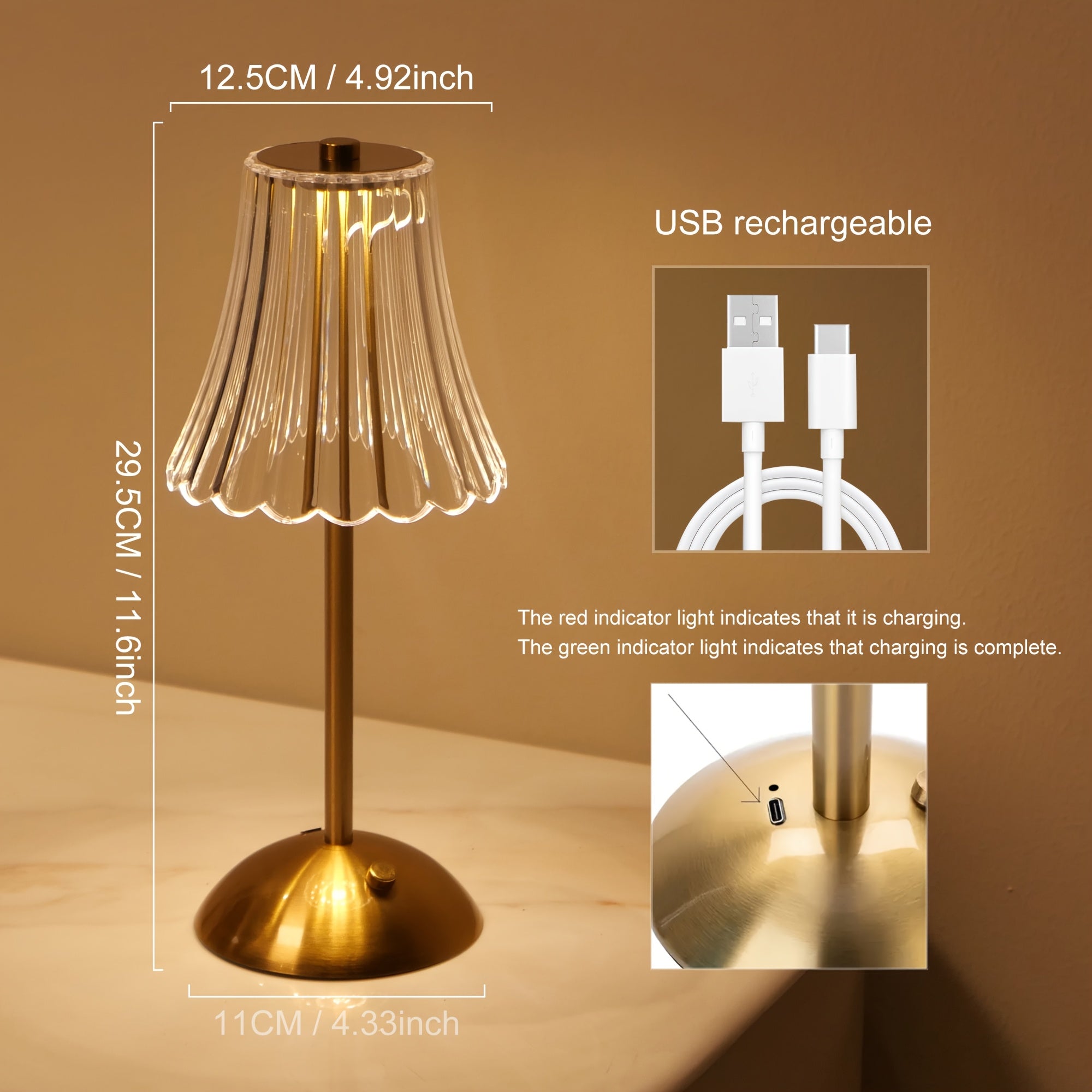 1pc Elegant Touch-Control Metal Table Lamp with USB Rechargeable Battery - Adjustable Ambient Lighting, Polished Brass Finish for Living Room, Bedroom, Study, Dining & Bar, Rechargeable Table Lamp