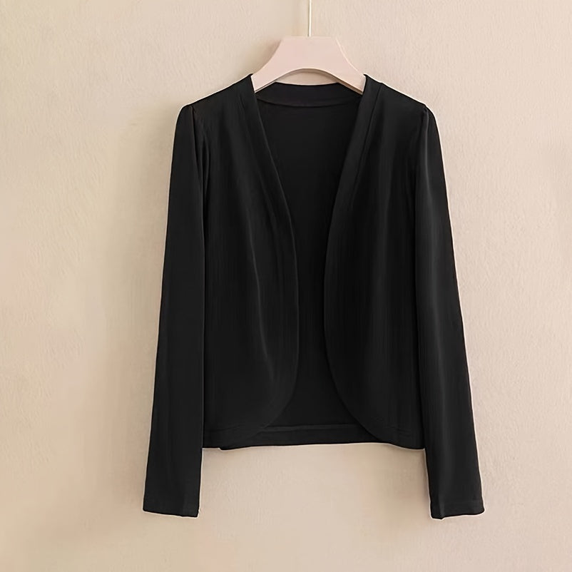Women's Solid Color Knit Cardigan - Elegant Long Sleeve Open Front Shawl Wrap - Polyester Knitted Breathable Windproof Sun-Proof Outerwear for Mature Style