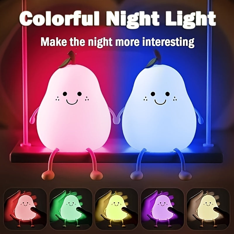 Cute Smiling Pear-Shaped LED Night Light - Touch Control, USB Rechargeable, Adjustable Brightness Silicone Bedside Lamp for Cozy Bedroom Atmosphere, Lithium Battery, Modern Design, Perfect for Nighttime Use, Night Light for Bedroo