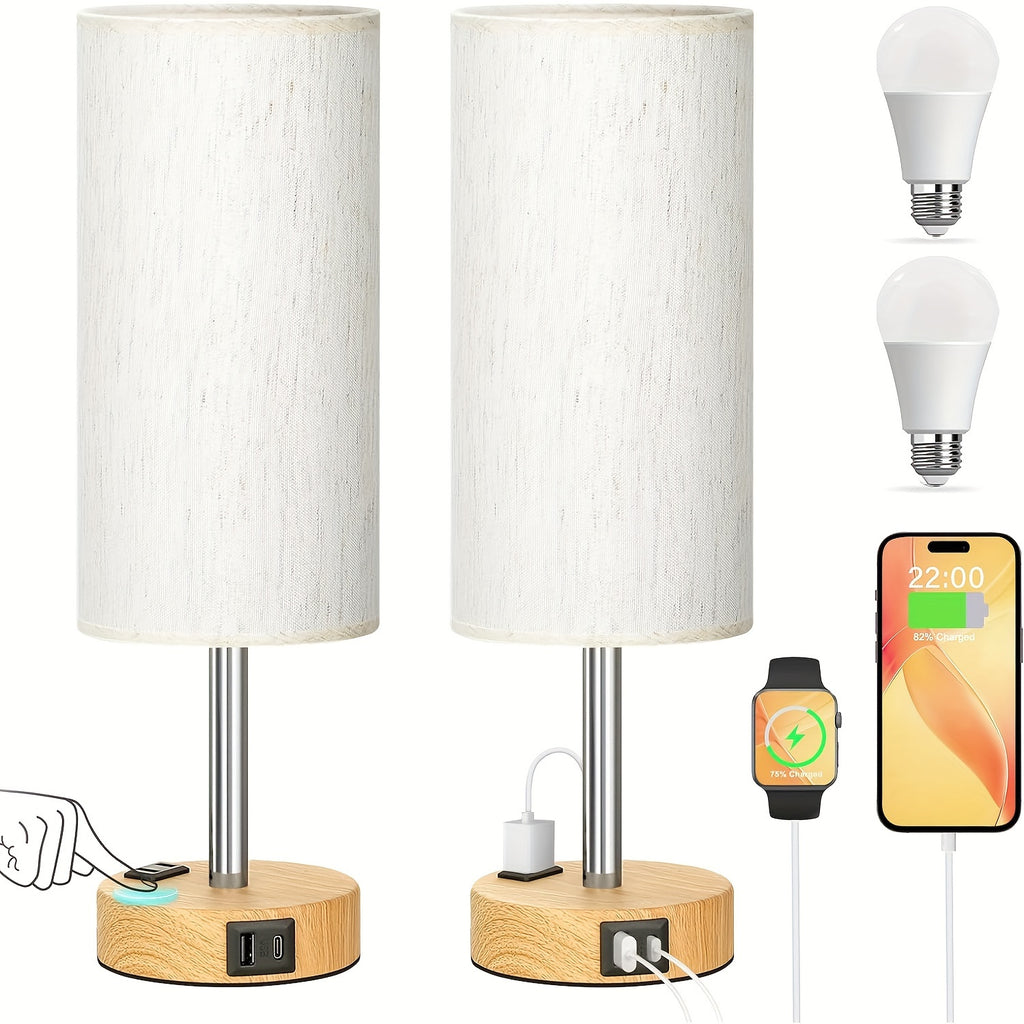 1\u002F2pc Modern Touch-Controlled Bedside Lamp Set - 3-Level Dimmable, USB Ports & AC Outlet, Wood Base with Flaxen Shade for Nightstand, Desk, Office, Dorm (LED Bulb Included), Table Lamps, Small Lamps, Bedroom