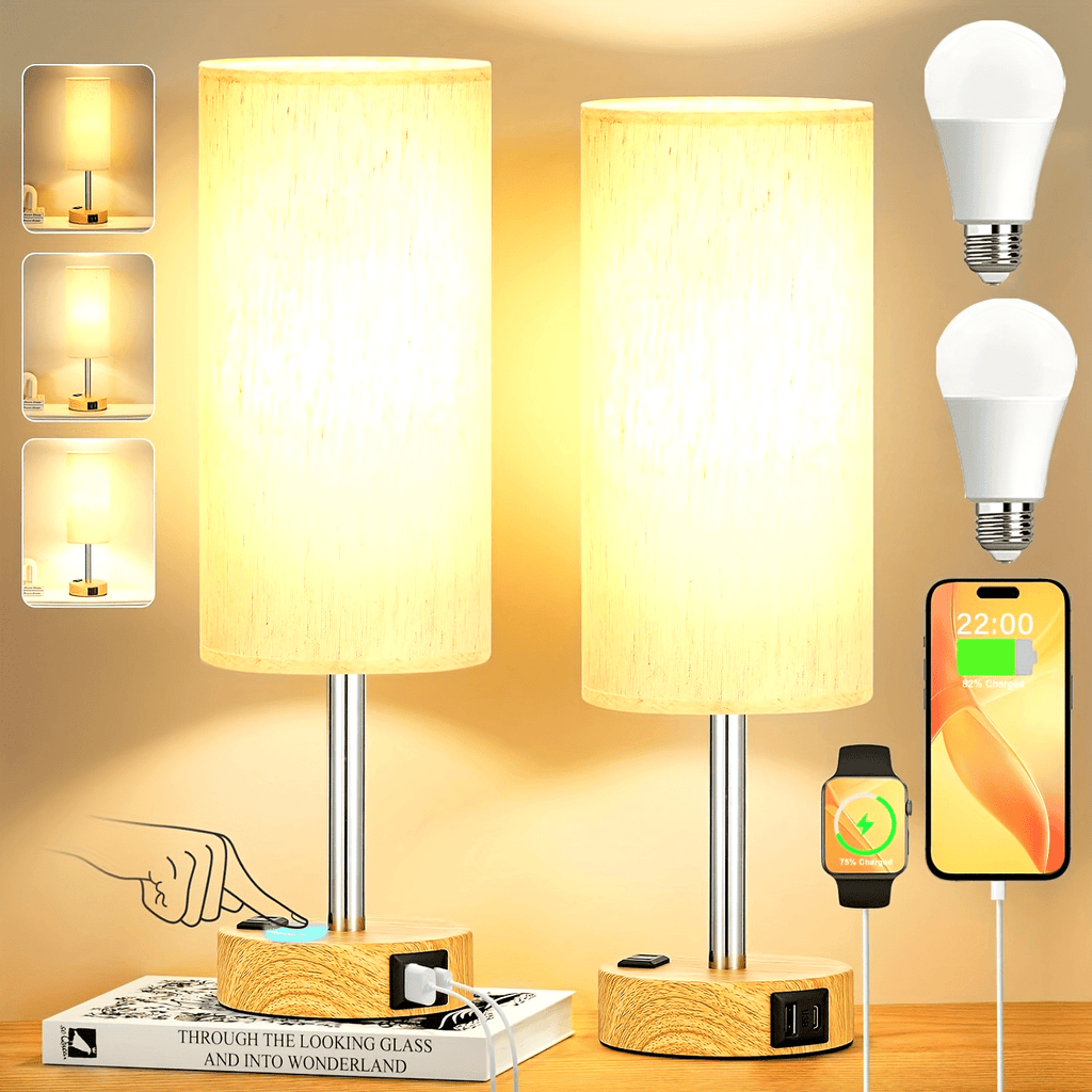 1\u002F2pc Modern Touch-Controlled Bedside Lamp Set - 3-Level Dimmable, USB Ports & AC Outlet, Wood Base with Flaxen Shade for Nightstand, Desk, Office, Dorm (LED Bulb Included), Table Lamps, Small Lamps, Bedroom