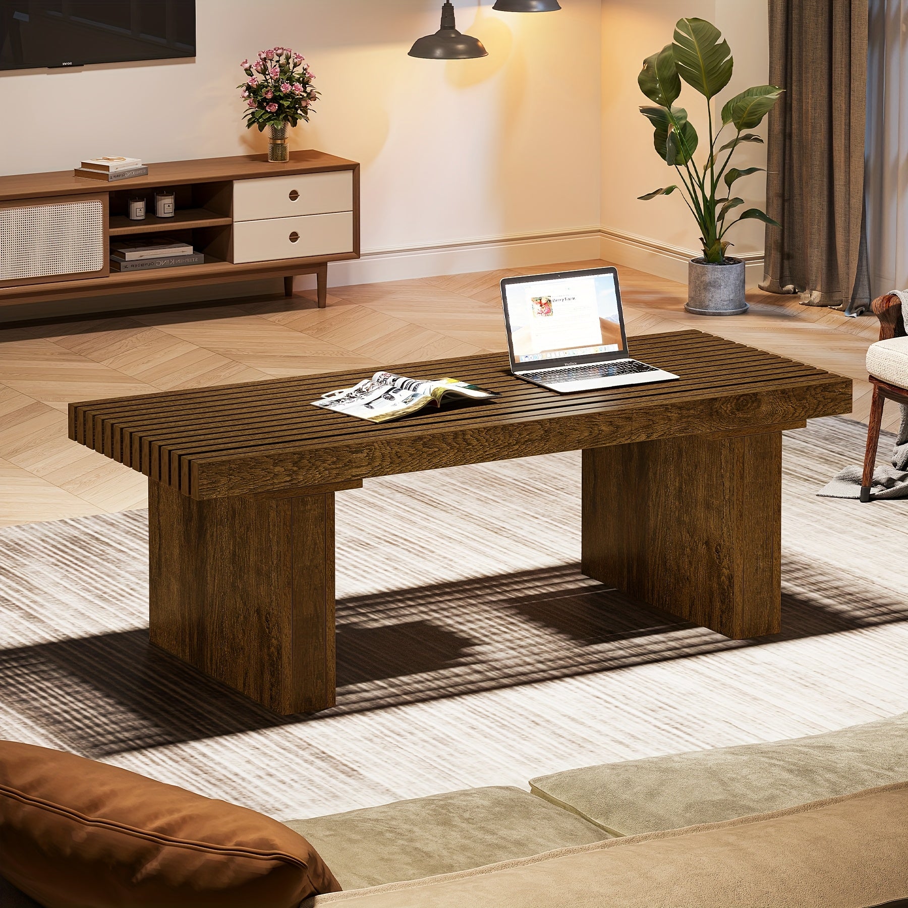 Table à café rectangulaire : Table à café moderne en bois de 47.24 pouces Table à cocktail pour salon, Table à café de ferme Table au centre Table à thé avec dessus de table en planches, Brun rustique