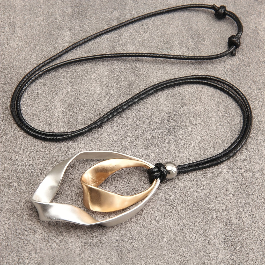 Elegant Twisted Texture Water Drop Pendant Necklace in Golden and Silvery with Black Rope, Zinc Alloy, Perfect Gift for Girlfriend, Suitable for Daily Wear and Special Occasions, Necklace