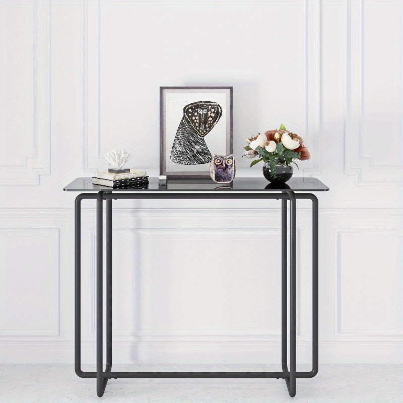 Table basse rectangulaire en verre trempé simple couche pour porche, pieds noirs, table basse en verre trempé double noir, sans batterie.