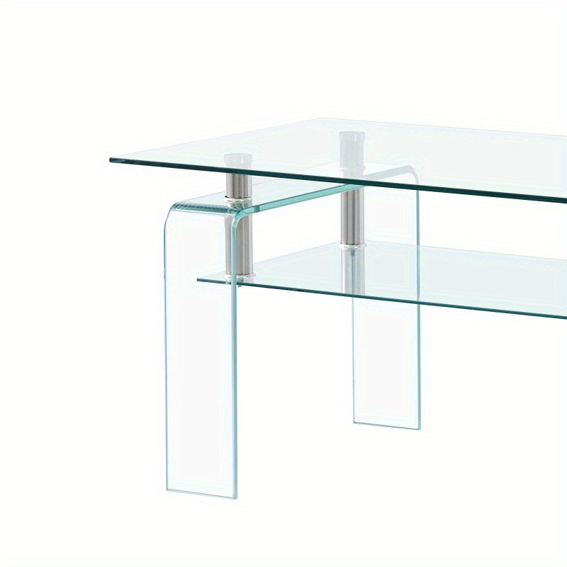 Table à café en verre transparente, table à café moderne en verre pour le salon, table à café de stockage à 2 niveaux, table à thé en verre trempé, sans batterie