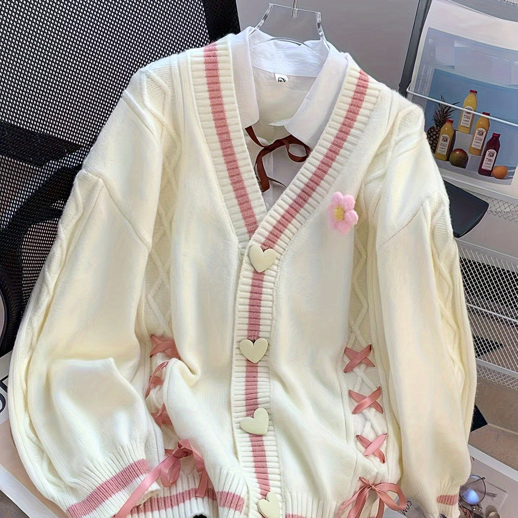 Women'S V-Neck Cardigan with Color Block Design, Acrylic Blend Knit Sweater, with Button Details and Drawstring for All Seasons