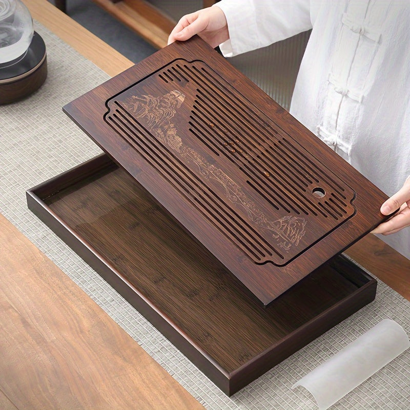 1pc Plateau à Thé en Bambou Exquis et Atmosphérique, Table à Thé à Double Usage Simple pour la Maison, Ensemble de Thé Kung Fu Petite Table à Infusion Sèche, Convient pour Salle de Thé, Bureau, Extérieur, Usage Domestique, Thé Kung Fu