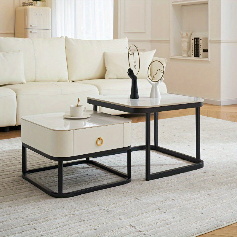 Table Basse en Marbre Moderne Ensemble de 2 Tables d'Accueil pour Salon Tables d'Accueil Empilables pour Salon Chambre à Coucher Table d'Accent pour Thé avec Cadre Métallique Robuste et Montage Facile Noir