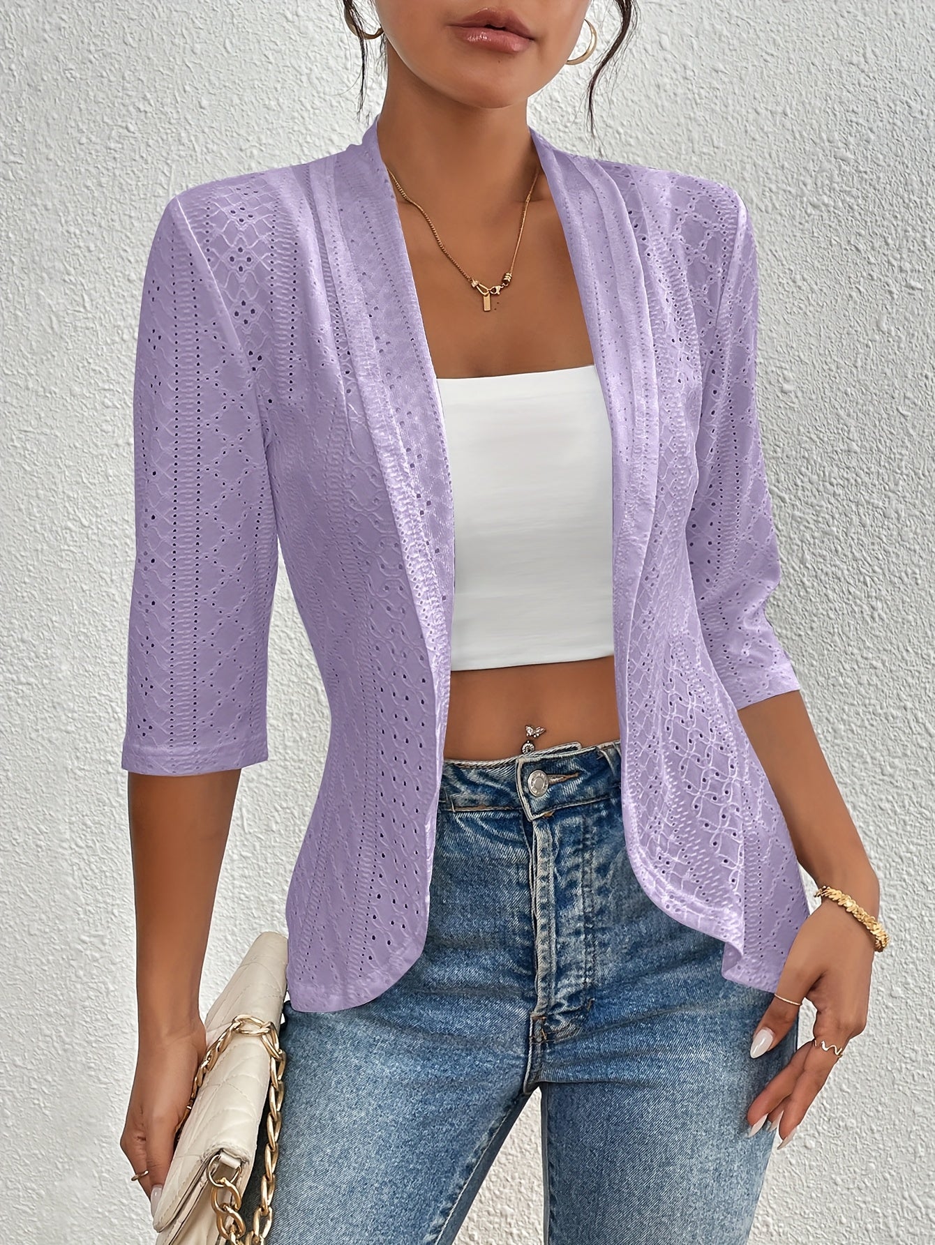 Women's Elegant Open-Front Cardigan - Solid White, Half Sleeve, Eyelet Embroidery, Lightweight Knit, Spring\u002FFall Fashion Jacket, Lightweight Cardigan