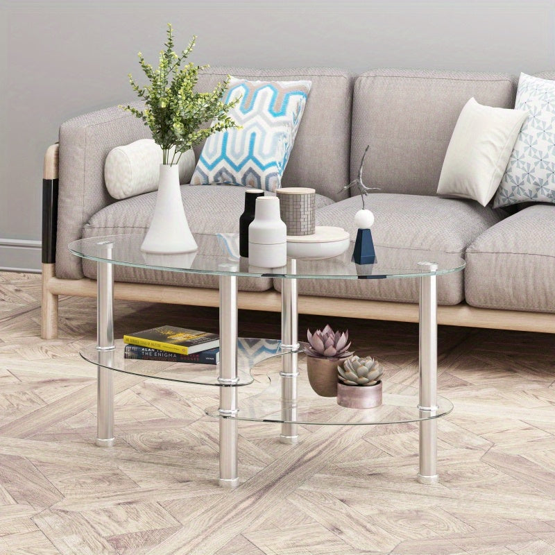 Table basse en verre ovale transparente, table moderne avec pied en acier inoxydable, table à thé, table en verre à 3 couches pour salon, sans batterie