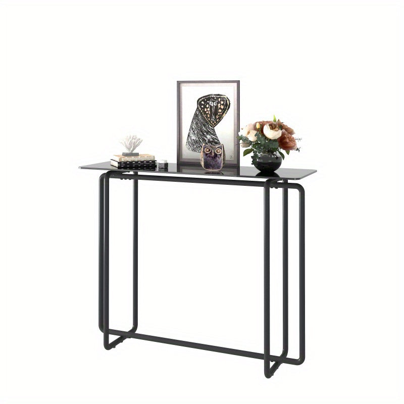 Table basse rectangulaire en verre trempé simple couche pour porche, pieds noirs, table basse en verre trempé double noir, sans batterie.