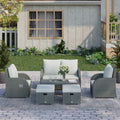Ensemble de 6 pièces de Mobilier de Patio, Canapé Extérieur en Osier, Fauteuil Inclinable à Angle Ajustable, Ensemble de Conversation, Poufs, avec Table Basse en Polyester, Ressort à Gaz & Coussins Doux Lavables, Gris