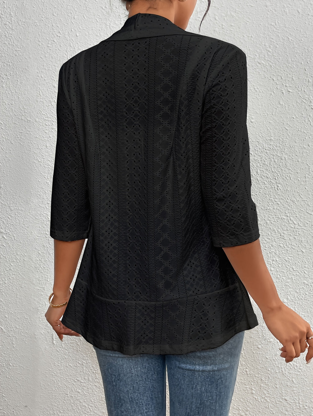 Women's Elegant Open-Front Cardigan - Solid White, Half Sleeve, Eyelet Embroidery, Lightweight Knit, Spring\u002FFall Fashion Jacket, Lightweight Cardigan